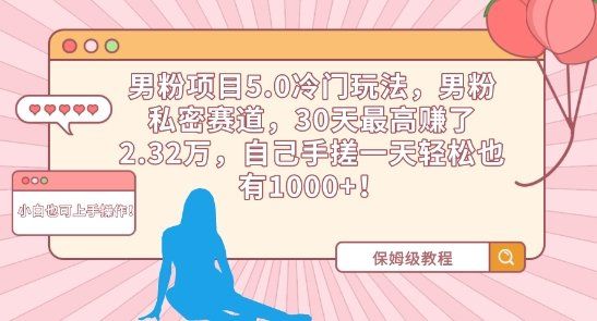 
          男粉项目5.0冷门玩法，男粉私密赛道，30天最高赚了2.32万，自己手搓一天轻松也有1000+ - Featured image
        