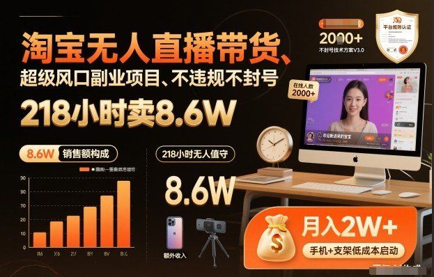 
          淘宝无人直播带货，218小时卖8.6W，不违规不封号，超级风口副业项目 - Featured image
        
