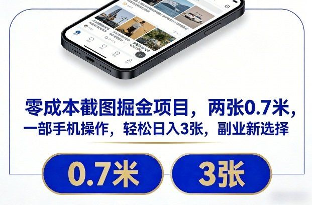 
          零成本截图掘金项目，两张0.7米，一部手机操作，轻松日入3张，副业新选择 - Featured image
        