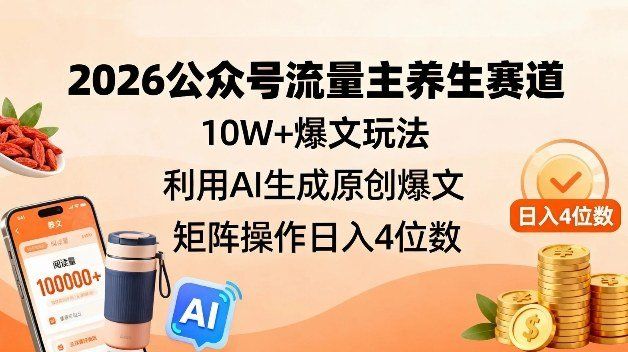 
          2026公众号流量主养生赛道，10W+爆文玩法，利用AI生成原创爆文，矩阵操作日入4位数 - Featured image
        