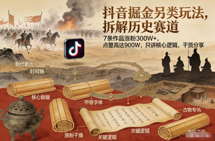 
          抖音掘金另类玩法，拆解历史赛道，7条作品涨粉300W+，点赞量高达900W，只讲核心逻辑，干货分享 - Featured image
        