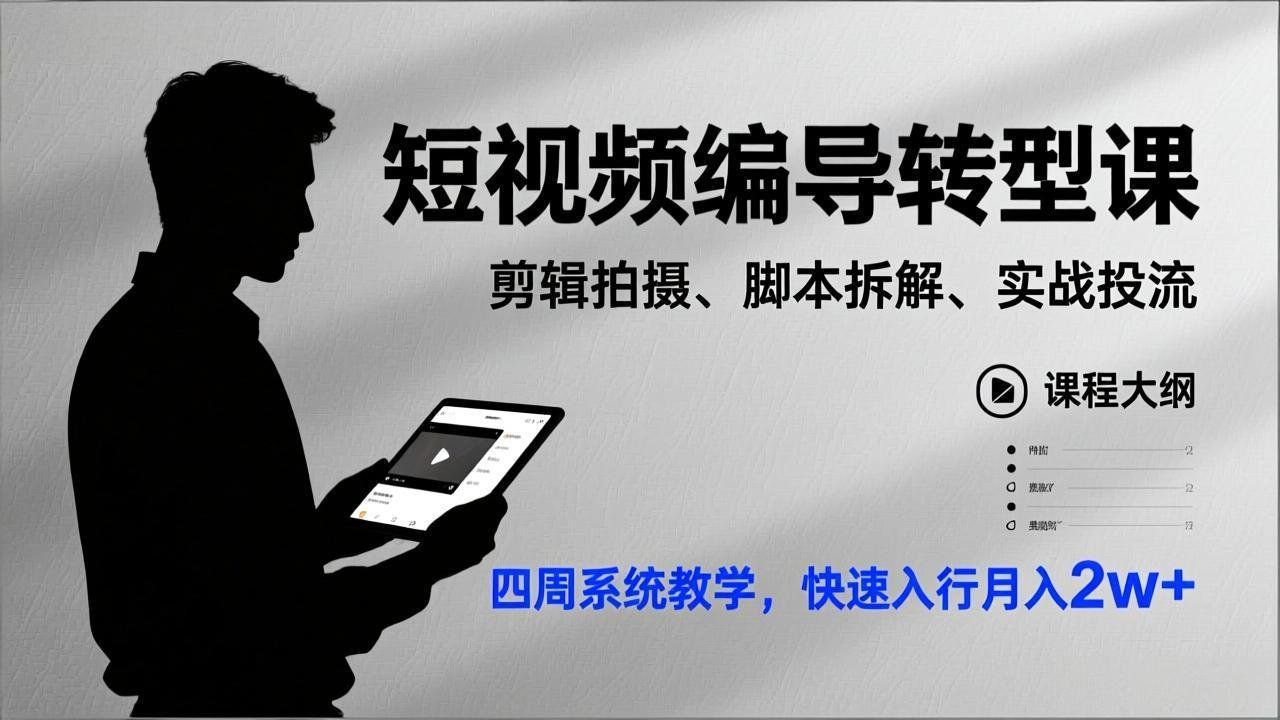 
          短视频编导转型课，剪辑拍摄、脚本拆解、实战投流，四周系统教学，快速入行月入2w+ - Featured image
        