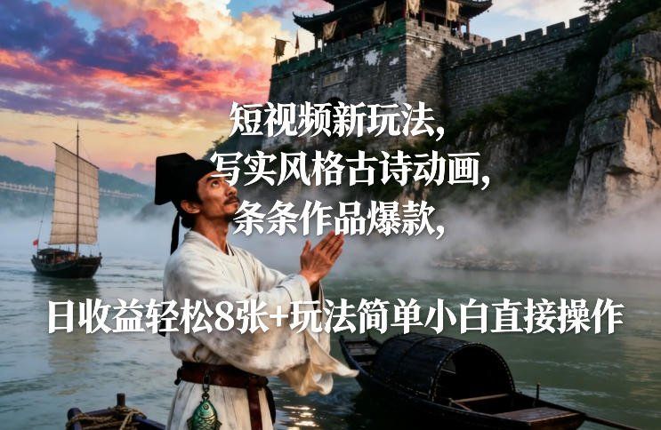 
          短视频新玩法，写实风格古诗动画，条条作品爆款，日收益轻松8张+玩法简单小白直接操作 - Featured image
        