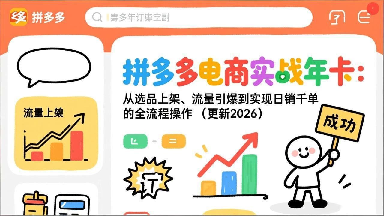 
          拼多多电商实战年卡：从选品上架、流量引爆到实现日销千单的全流程操作(更新2026 - Featured image
        
