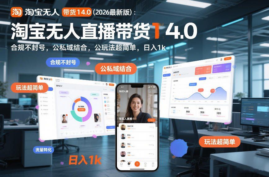 
          淘宝无人直播带货14.0(2026最新版)：合规不封号，公私域结合，玩法超简单，日入1k+【揭秘】 - Featured image
        