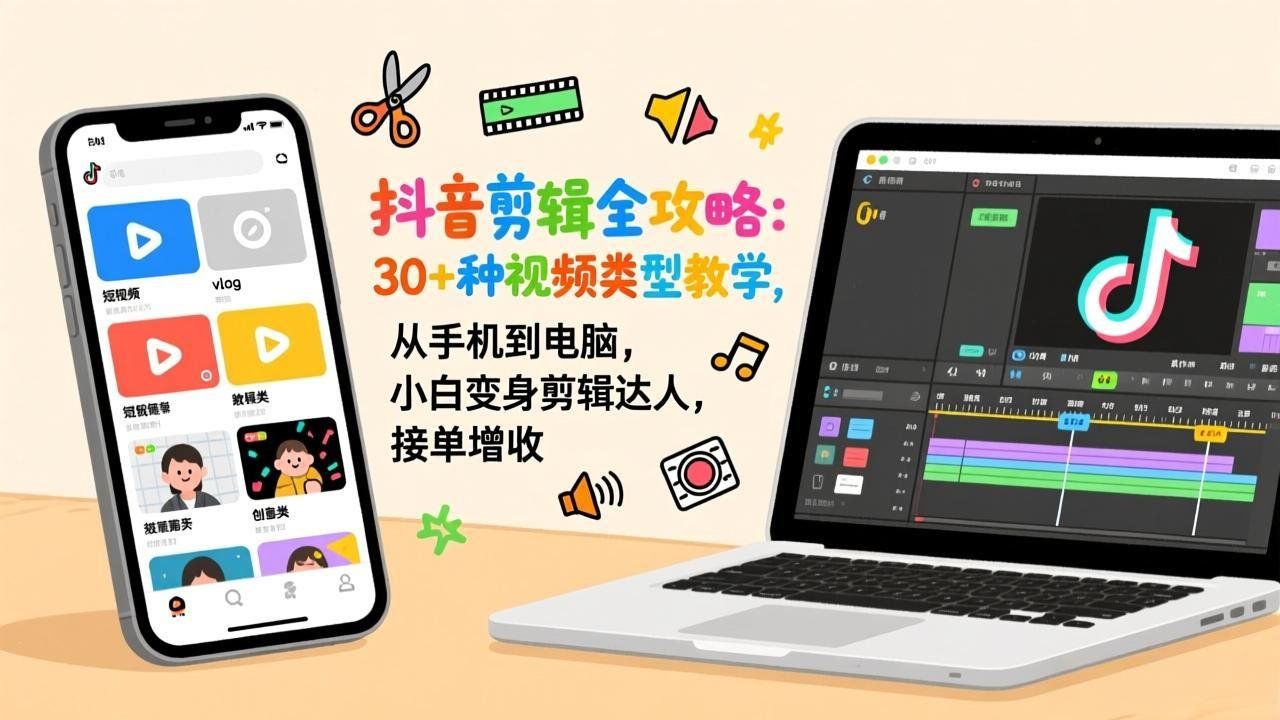 
          抖音剪辑全攻略：30+种视频类型教学，从手机到电脑，小白变身剪辑达人，接单增收 - Featured image
        