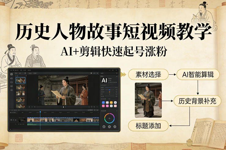
          历史人物故事短视频教学，AI+剪辑制作历史人物题材短视频，快速起号涨粉 - Featured image
        