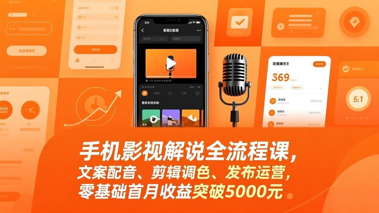 
          手机影视解说全流程课，文案配音、剪辑调色、发布运营，零基础首月收益突破5000元 - Featured image
        