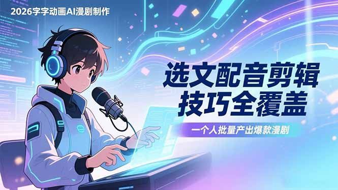 
          2026字字动画AI漫剧制作-1期，选文配音剪辑技巧全覆盖，一个人就能批量产出爆款漫剧 - Featured image
        