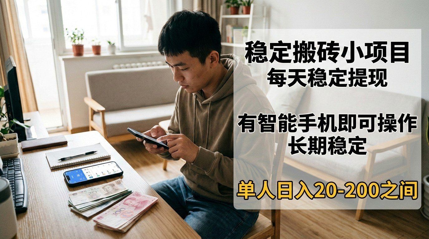 
          稳定搬砖小项目，每天稳定提现，有智能手机即可操作 - Featured image
        