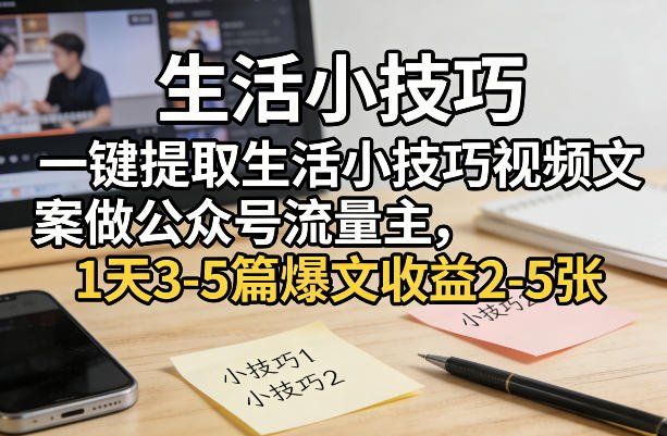 
          一键提取生活小技巧视频文案做公众号流量主，1天3-5篇爆文收益2-5张 - Featured image
        