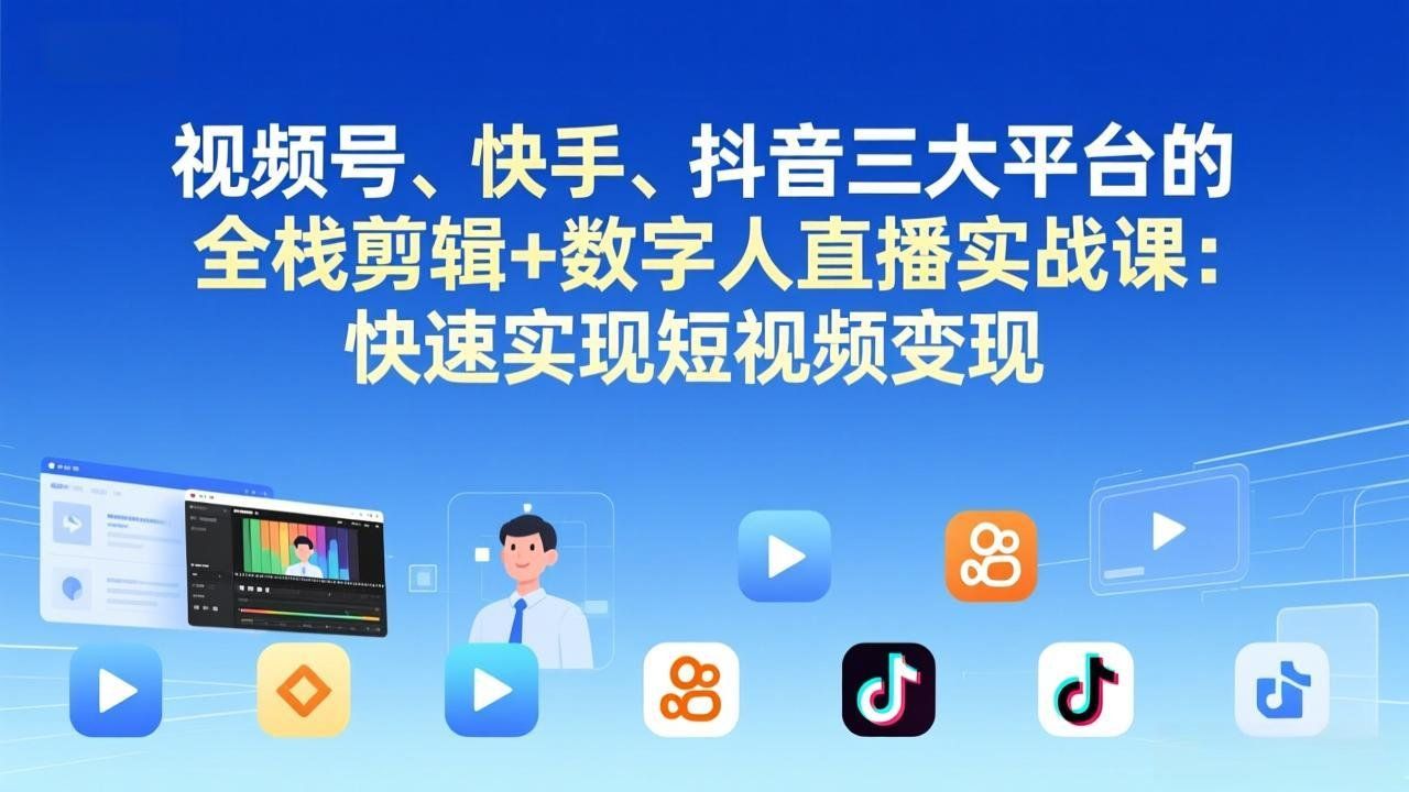 
          视频号+快手+抖音三大平台的全栈剪辑+数字人直播实战课-3月更新：快速实现短视频变现 - Featured image
        