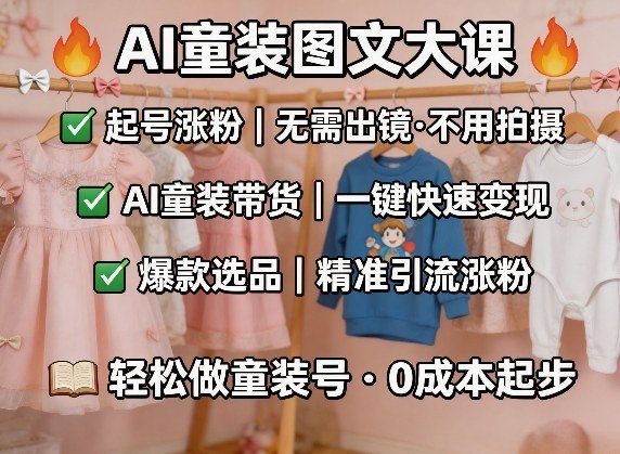 
          AI童装图文剪辑，某社群童装图文大课，起号涨粉、AI童装带货、爆款选品，无需出镜和拍摄 - Featured image
        