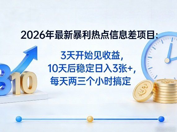 
          2026年最新暴利热点信息差项目：3天开始见收益，10天后稳定日入3张+，每天两三个小时搞定 - Featured image
        
