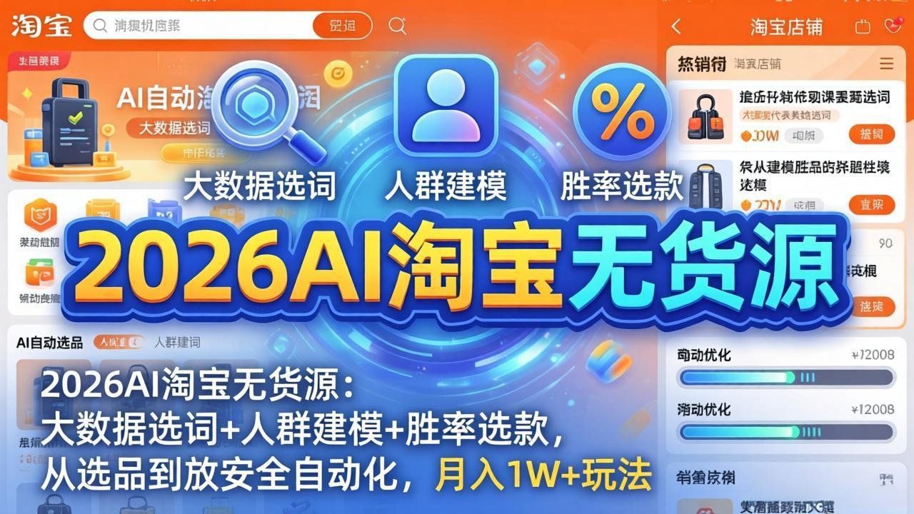 
          2026AI淘宝无货源：大数据选词+人群建模+胜率选款，从选品到放大全自动化，月入1W+玩法 - Featured image
        