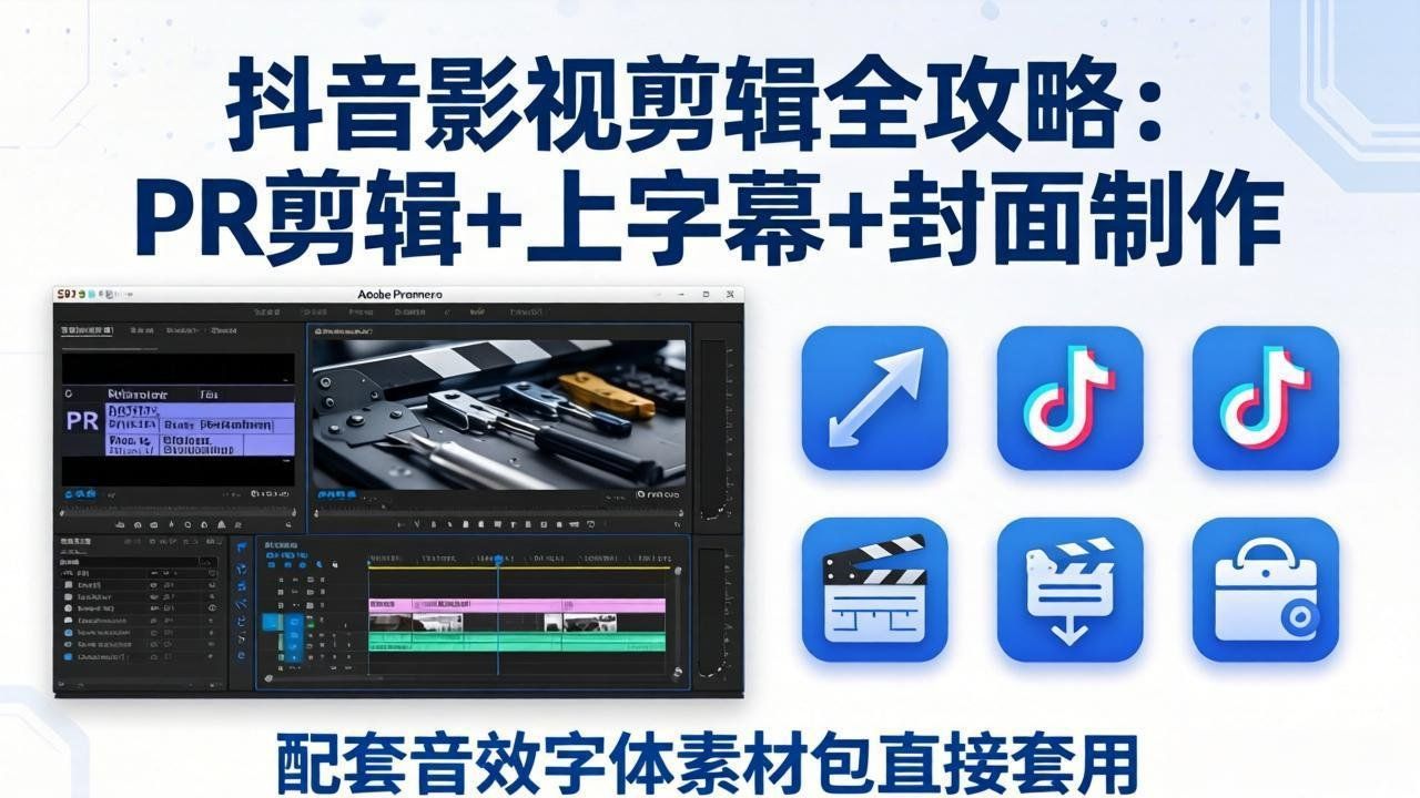 
          抖音影视剪辑全攻略：PR剪辑+上字幕+封面制作，配套音效字体素材包直接套用 - Featured image
        