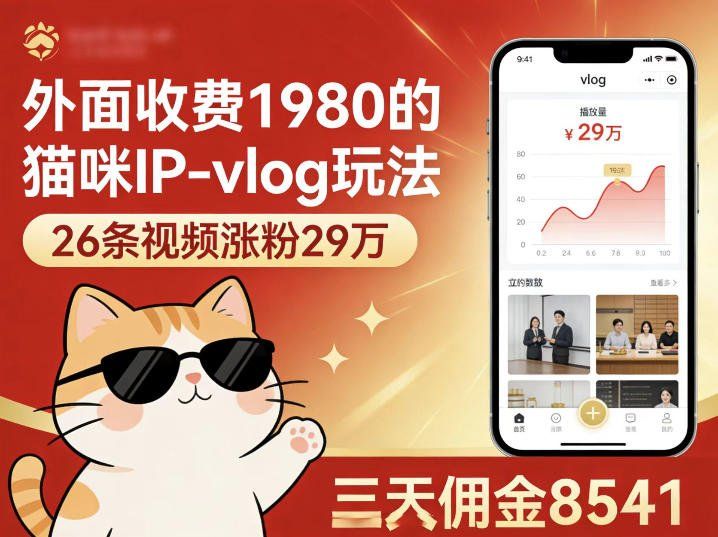 
          外面收费1980的猫咪IP-vlog玩法，26条视频涨粉29W，三天佣金8541 - Featured image
        