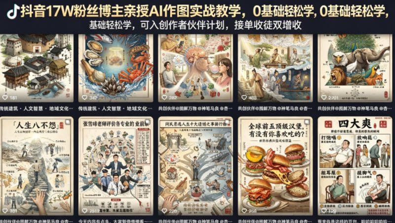 
          抖音17W粉丝博主亲授AI作图实战教学，0基础轻松学，可入创作者伙伴计划，接单收徒双增收 - Featured image
        