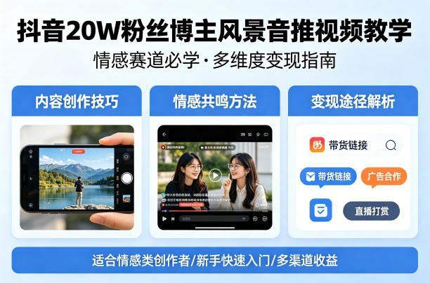 
          抖音20W粉丝博主风景音推视频教学，情感赛道必学，各种变现途径 - Featured image
        