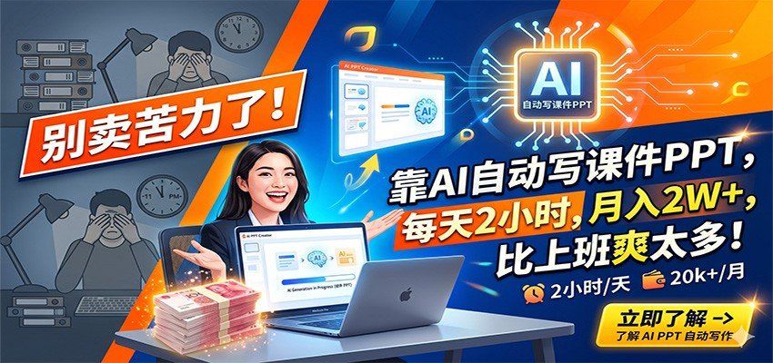
          别卖苦力了！靠AI自动写课件PPT，每天2小时，月入2W+，比上班爽太多！ - Featured image
        