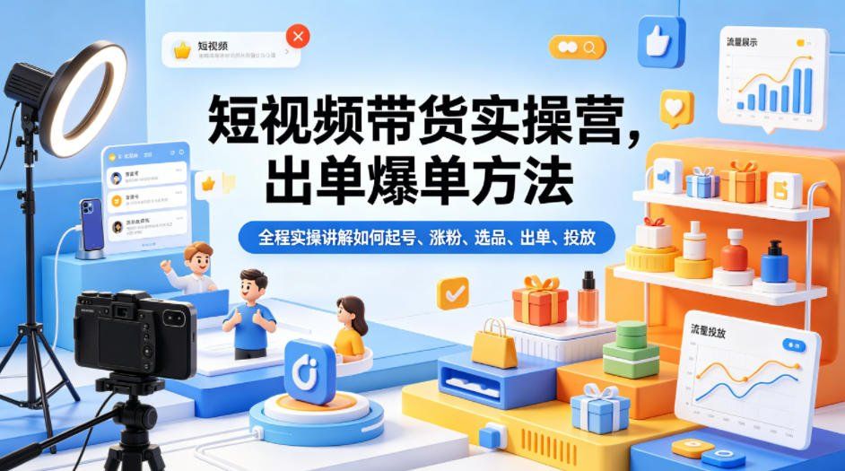 
          短视频带货实操营，出单爆单方法，全程实操讲解如何起号、涨粉、选品、出单、投放 - Featured image
        