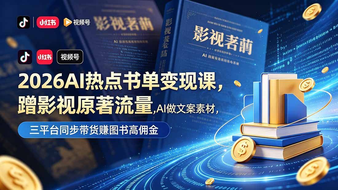 
          2026AI热点书单变现课，蹭影视原著流量，AI做文案素材，三平台同步带货赚图书高佣金 - Featured image
        