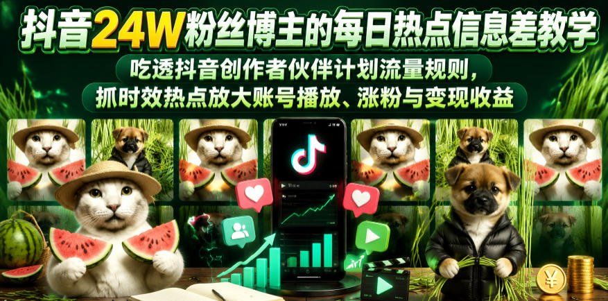 
          抖音24W粉丝博主的每日热点信息差教学，吃透创作者伙伴计划流量规则，抓时效热点放大账号播放、涨粉与变现收益 - Featured image
        