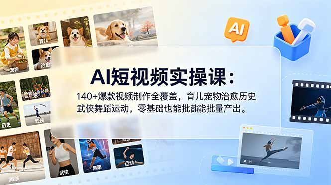 
          AI短视频实操课：140+爆款视频制作全覆盖，育儿宠物治愈历史武侠舞蹈运动，零基础也能批量产出 - Featured image
        