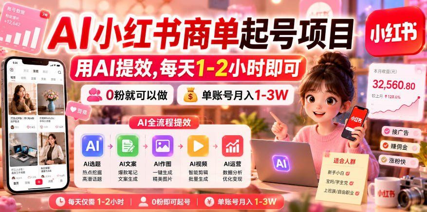 
          AI小红书商单起号项目，用AI提效,每天1-2小时即可，0粉就可以做，单账号月入1-3W - Featured image
        