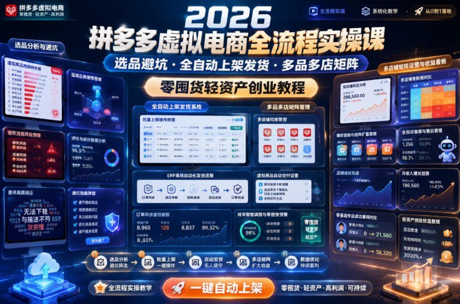 
          2026拼多多虚拟电商全流程实操课，选品避坑・全自动上架发货・多品多店矩阵，零囤货轻资产创业教程 - Featured image
        