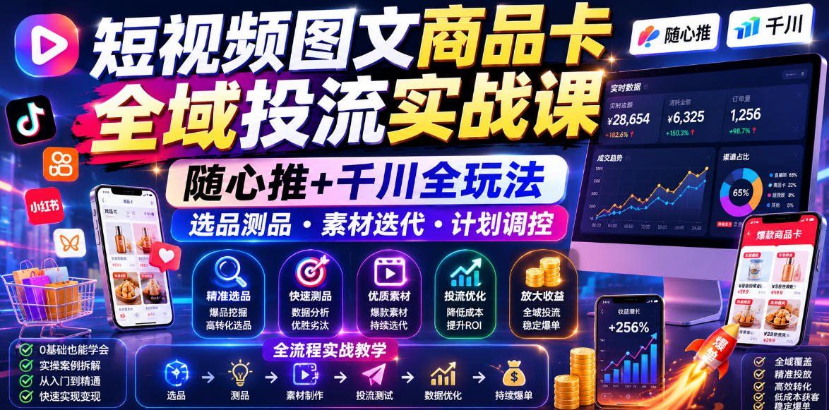 
          短视频图文商品卡全域投流实战课，随心推+千川全玩法，选品测品・素材迭代・计划调控，提升ROI爆单增收教程 - Featured image
        