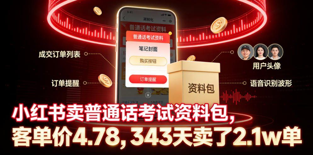 
          小红书卖普通话考试资料包，客单价4.78，343天卖了2.1w单 - Featured image
        