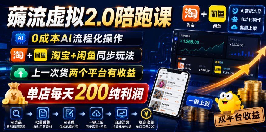 
          薅流虚拟2.0陪跑课，0成本AI流程化操作，淘宝+闲鱼同步玩法，上一次货两个平台有收益，单店每天200纯利润 - Featured image
        