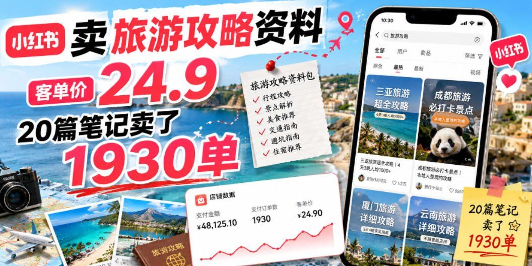 
          小红书卖旅游攻略资料，客单价24.9，20篇笔记卖了1930单！ - Featured image
        