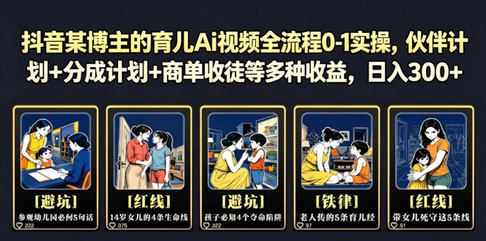 
          抖音某博主的育儿Ai视频全流程0-1实操，伙伴计划+分成计划+商单收徒等多种收益，日入300+ - Featured image
        