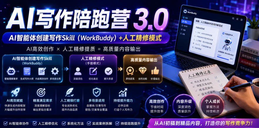
          AI写作陪跑营3.0，Ai智能体创建写作skill(workbuddy)+人工手写模式(手搓模式)，去除AI痕迹(头条号、公众号、百家号) - Featured image
        