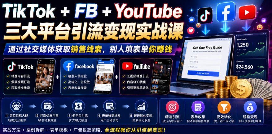 
          TikTok+FB+YouTube三大平台引流变现实战课，通过社交媒体获取销售线索，别人填表单你賺钱【原创双语字幕】 - Featured image
        