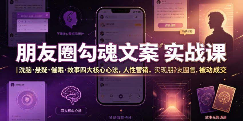 
          朋友圈勾魂文案实战课｜洗脑·悬疑·催眠·故事四大核心心法，吃透人性营销，实现朋友圈不销而售被动成交 - Featured image
        