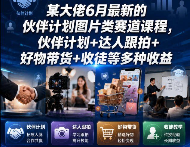 
          某大佬6月最新的伙伴计划图片类赛道课程，伙伴计划+达人跟拍+好物带货+收徒等多种收益 - Featured image
        