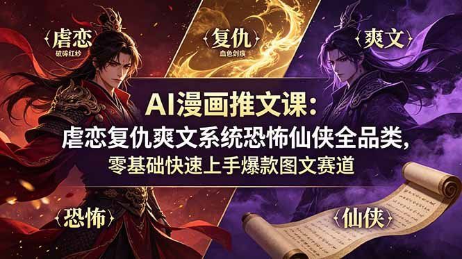 
          AI漫画推文课：虐恋复仇爽文系统恐怖仙侠全品类，零基础快速上手爆款图文赛道 - Featured image
        