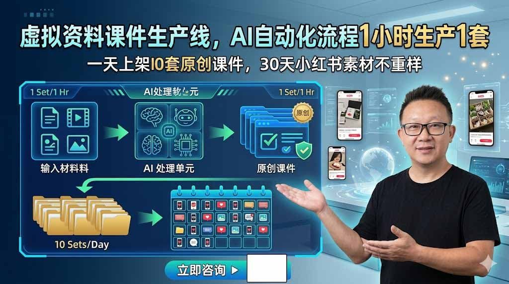 
          虚拟资料课件生产线，AI自动化流程1小时生产1套，一天上架10套原创课件，30天小红书素材不重样 - Featured image
        