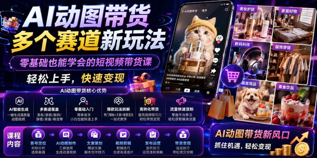 
          AI动图带货多个赛道新玩法，零基础也能学会的短视频带货课，轻松上手，快速变现 - Featured image
        