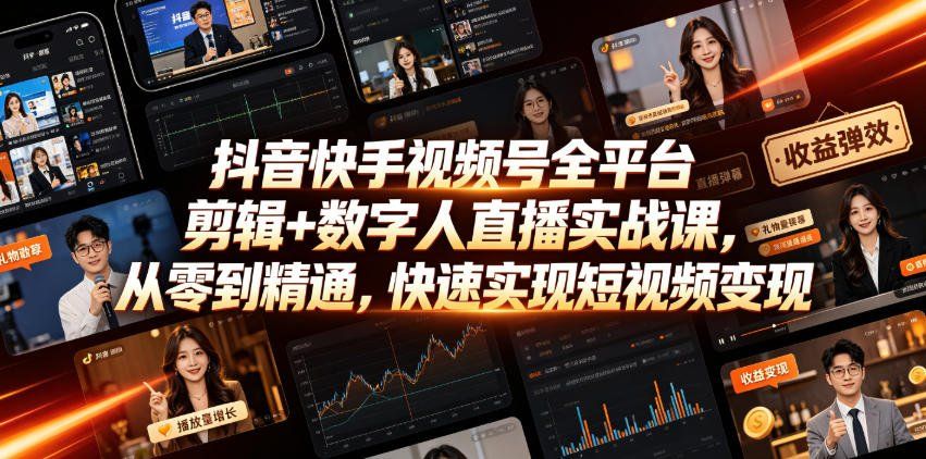 
          抖音快手视频号全平台剪辑+数字人直播实战课，从零到精通，快速实现短视频变现(更新2026年6月)​ - Featured image
        