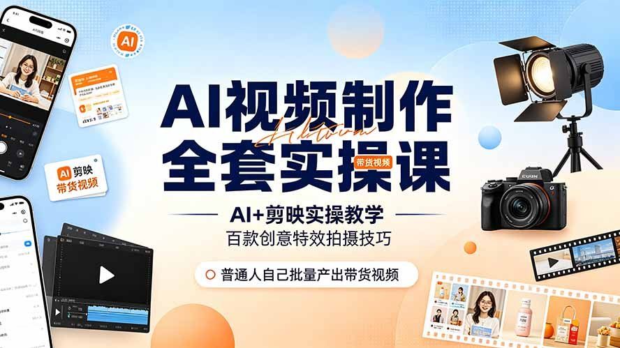 
          AI视频制作全套实操课，多款AI工具搭配剪映教学，百种特效运镜拍摄实操，抖音账号带货运营全覆盖 - Featured image
        